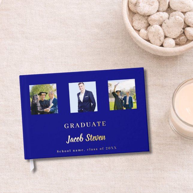 Navy blue gold name script photo Graduation Foil Guest Book (Creator Uploaded)