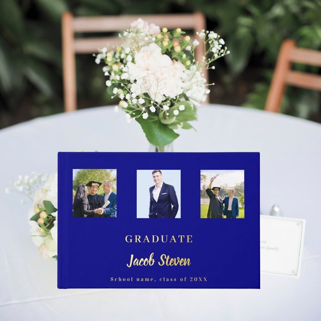 Navy blue gold name script photo Graduation Foil Guest Book (Creator Uploaded)