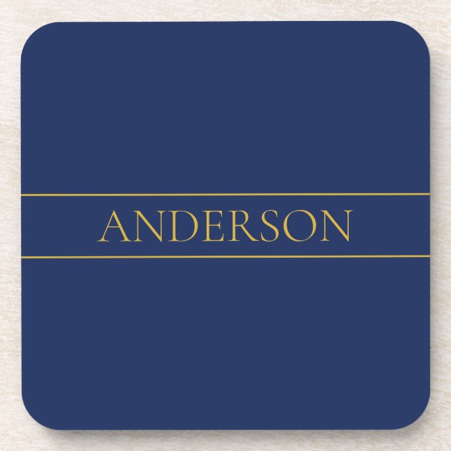 Navy Blue & Gold Name Surname or Business  Beverage Coaster (Front)