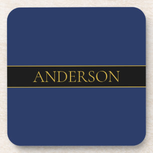 Navy Blue & Gold Name Surname or Business Beverage Coaster