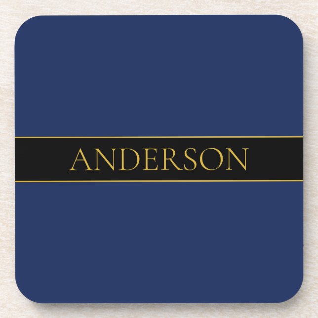 Navy Blue & Gold Name Surname or Business  Beverage Coaster (Front)