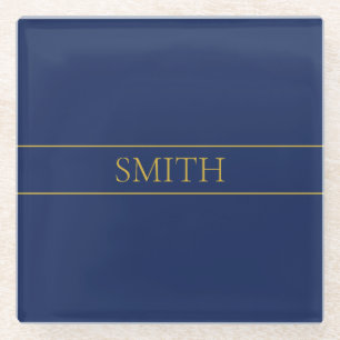 Navy Blue & Gold Name Surname or Business Glass Coaster