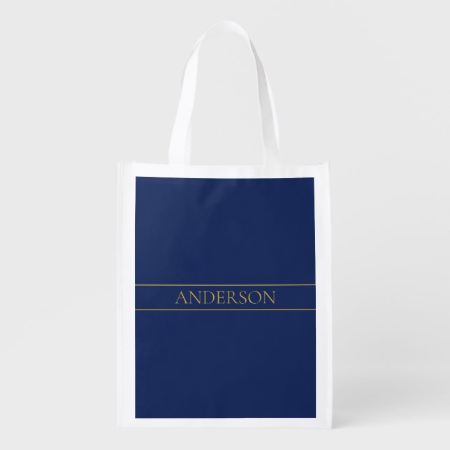 Navy Blue & Gold Name Surname or Business  Grocery Bag (Front)