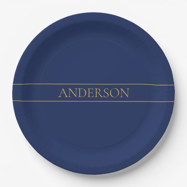 Navy Blue & Gold Name Surname or Business  Paper Plates (Front)