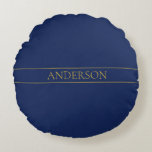 Navy Blue & Gold Name Surname or Business  Round Pillow<br><div class="desc">Modern customizable design with your name or any other text,  edit as you like!</div>