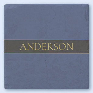 Navy Blue & Gold Name Surname or Business  Stone Coaster