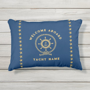 Navy Blue Gold Nautical Boat Wheel Knot Stars Outdoor Pillow