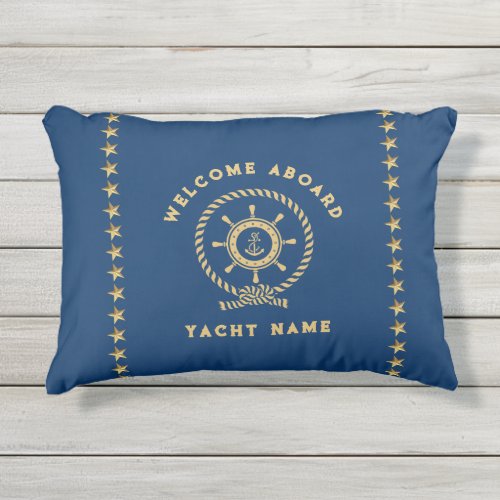 Navy Blue Gold Nautical Boat Wheel Knot Stars Outdoor Pillow