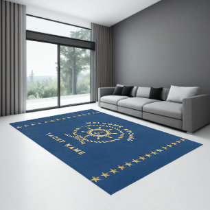 Navy Blue Gold Nautical Boat Wheel Knot Stars Rug