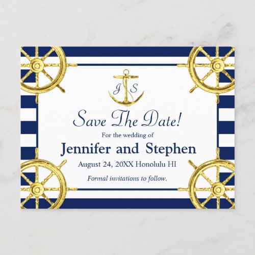 Navy Blue Gold Nautical Wedding Save the Date Announcement Postcard