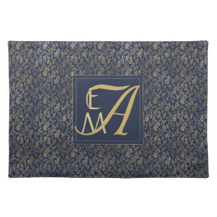 Navy Blue Gold Newly Weds Wedding Monogram Decor Cloth Placemat