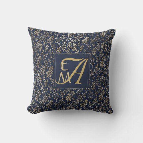 Navy Blue Gold Newly Weds Wedding Monogram Decor Throw Pillow