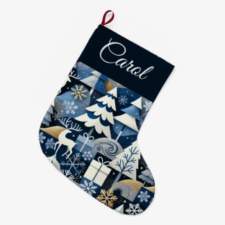 Navy Blue Gold Nordic Christmas Forest Pattern Large Christmas Stocking