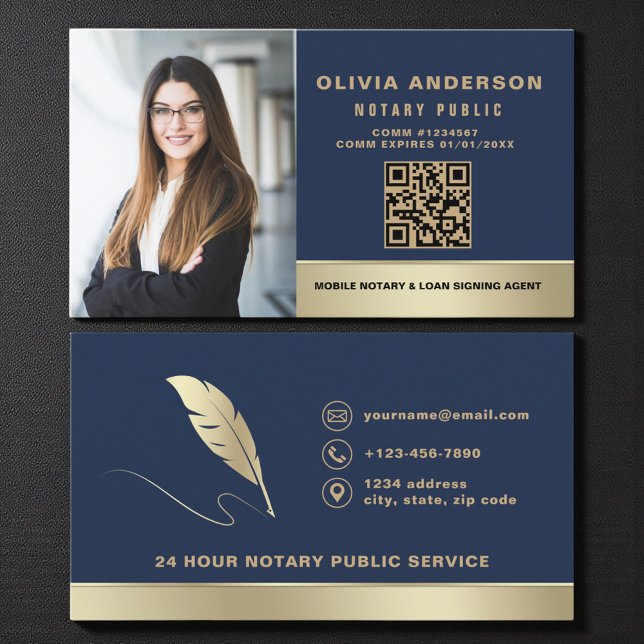 Navy Blue Gold Notary Signing Agent QR Code Photo Business Card (Creator Uploaded)