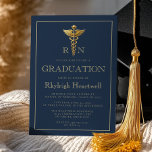 Navy Blue Gold Nurse RN Graduation Party Invitation<br><div class="desc">This classic, elegant graduation party invitation design features a gold-colored caduceus flanked by two editable letters (for example, RN for Registered Nurse) on a navy blue background. Personalize the text with the graduate's name, school and year, along with the party details. A thin, gold-colored rectangular border frames the design. The...</div>