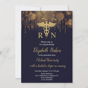 Navy Blue Gold Nursing Graduation Party Invitation