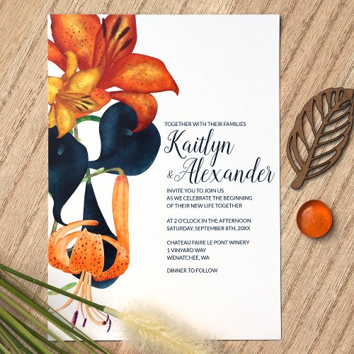 Navy Blue Gold Orange Tiger Lilies Wedding Invitation