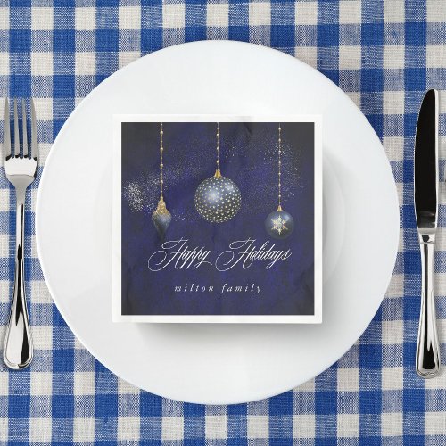 Navy Blue Gold Ornament Elegant Holiday Paper Napkins