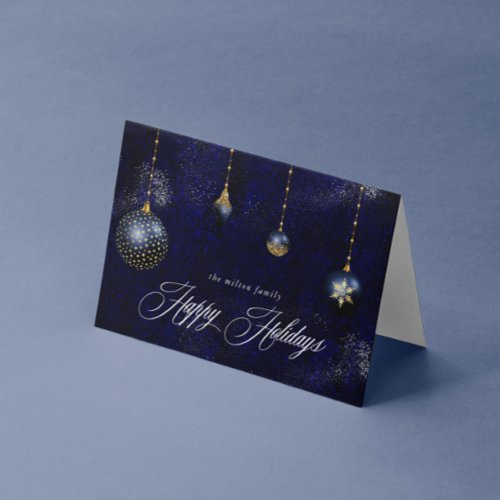 Navy Blue Gold Ornament Happy Holidays Greeting Card