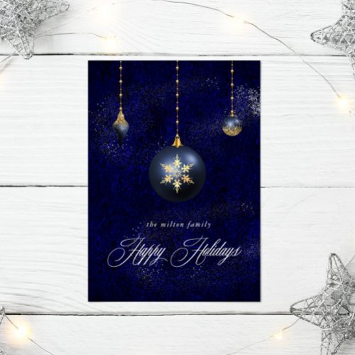 Navy Blue Gold Ornament Holiday Greeting Card