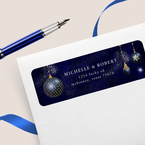 Navy Blue Gold Ornament Holiday Return Address  Label