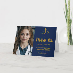 Navy Blue Gold Osteopathic Graduation Photo Letterpress Thank You Card