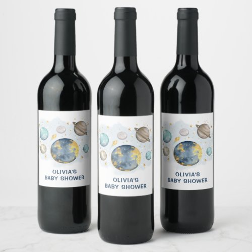Navy Blue Gold Outer Space Baby Shower Favors Wine Label