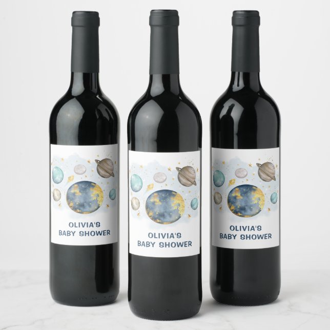 Navy Blue Gold Outer Space Baby Shower Favors Wine Label (Bottles)
