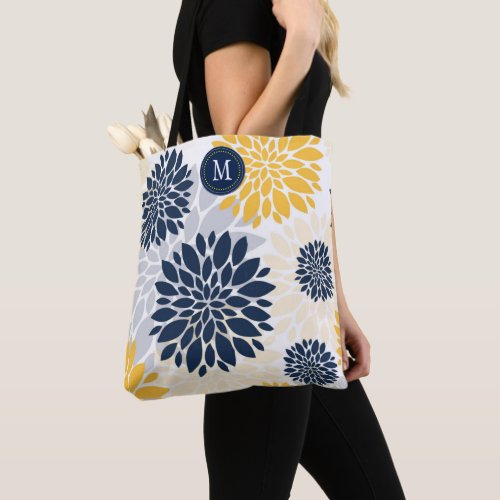 Navy Blue Gold Oversized Floral Monogram Tote Bag