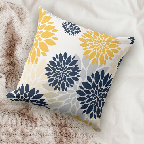 Navy Blue Gold Oversized Flower Pattern Throw Pillow