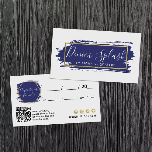 Navy Blue  Gold Paint Stroke Client Appointment Business Card