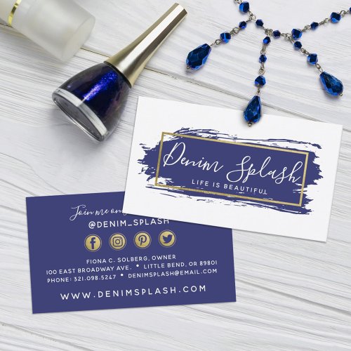 Navy Blue  Gold Paint Stroke Social Networking Business Card