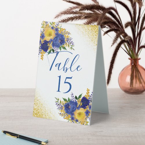 Navy Blue Gold Painted Florals Wedding Table Tent Sign