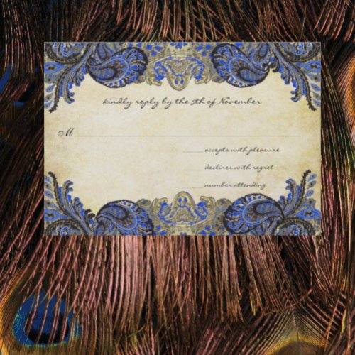 Navy Blue Gold Paisley Peacock Colors Wedding RSVP