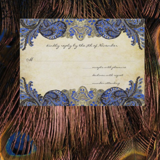 Navy Blue Gold Paisley Peacock Colors Wedding RSVP Card (Creator Uploaded)