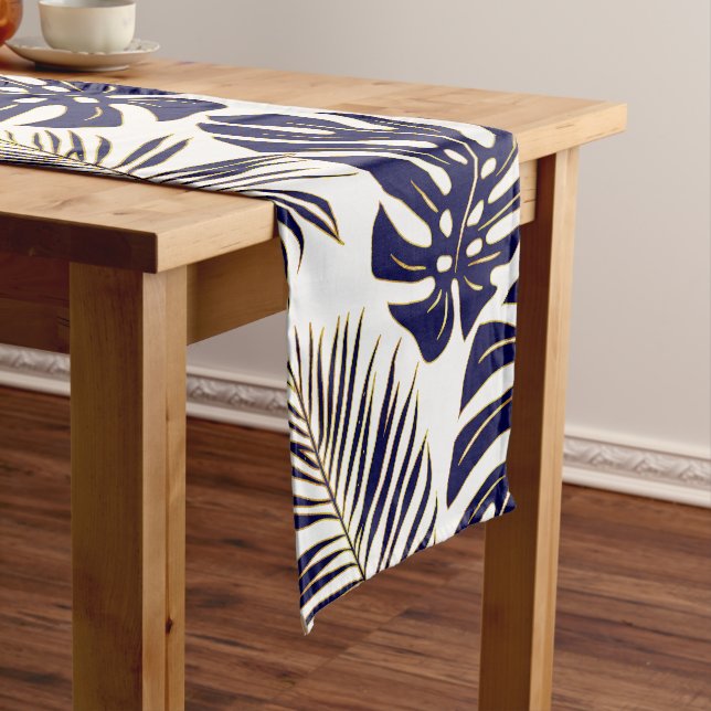 Navy blue, gold palm and monstera tropical leaves short table runner (In Situ)