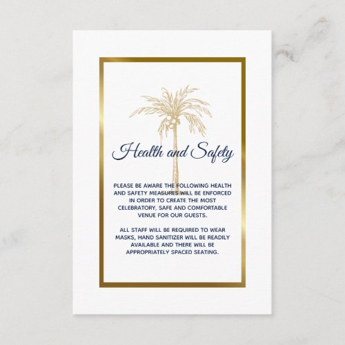 Navy Blue Gold Palm Beach Wedding Health Safety Enclosure Card