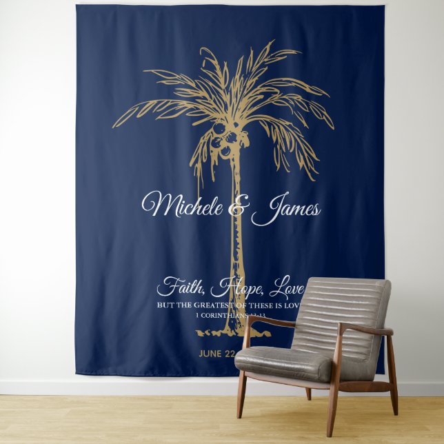 Navy Blue Gold Palm Tree Beach Wedding Backdrop (In Situ)