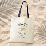 Navy Blue Gold Palm Tree Bridesmaid Thank You Tote Bag<br><div class="desc">Customize this navy blue and gold "Thank You for being my bridesmaid" tote bag with your special touch. This modern design features modern script, navy blue and gold text including an artistic palm tree. Personalize it with your bridesmaid's name, your name and wedding date. If you need help or matching...</div>