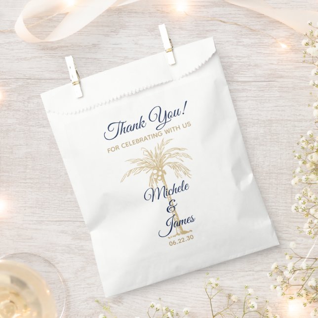 Navy Blue Gold Palm Tree Modern Wedding Favor Bag (Clipped)