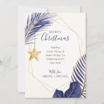 Navy Blue Gold Palm Tree Tropical Beach Christmas Holiday Card