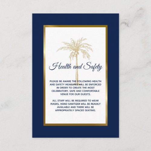 Navy Blue Gold Palm Tree Wedding Health and Safety Enclosure Card