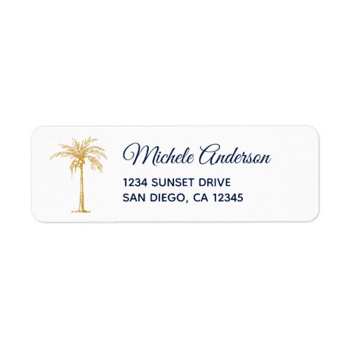 Navy Blue Gold Palm Tree Wedding Return Address Label