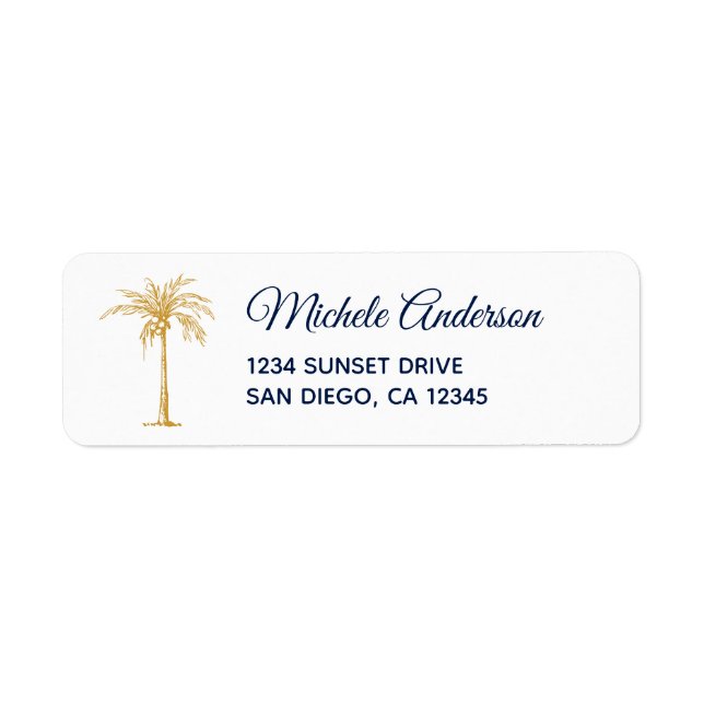 Navy Blue Gold Palm Tree Wedding Return Address Label (Front)