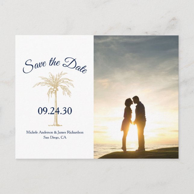 Navy Blue Gold Palm Tree Wedding Save Date Photo Announcement Postcard (Front)