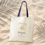 Navy Blue Gold Palm Tree Wedding Thank You Tote Bag<br><div class="desc">Customize this navy blue and gold "Thank You for being my bridesmaid" tote bag with your special touch. This modern design features modern script, navy blue and gold text including an artistic palm tree. Personalize it with your bridesmaid's name, your name and wedding date. If you need help or matching...</div>