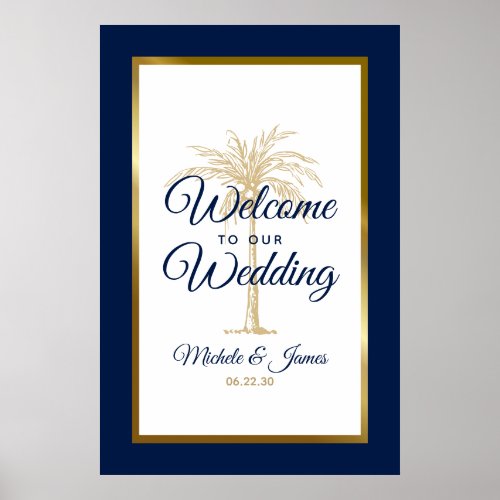 Navy Blue Gold Palm Tree Wedding Welcome Poster