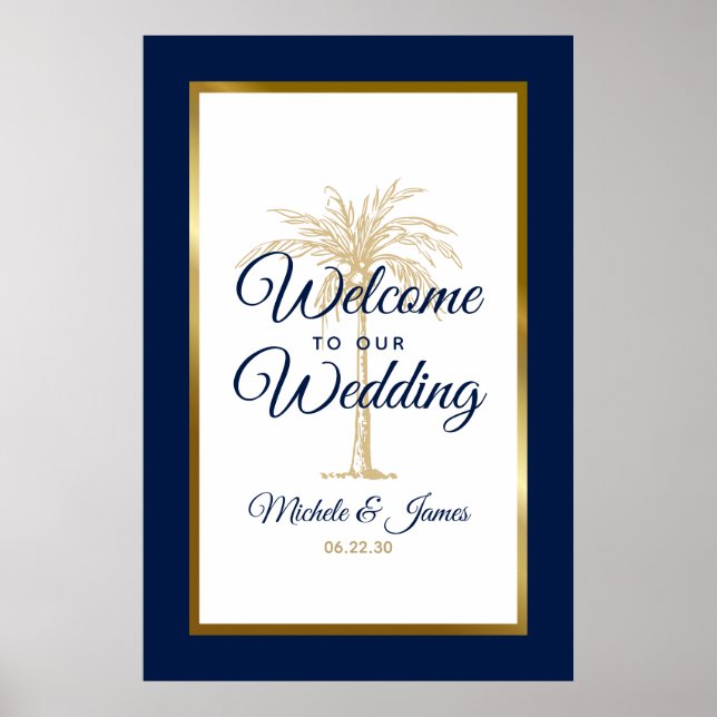 Navy Blue Gold Palm Tree Wedding Welcome Poster (Front)