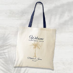 Navy Blue Gold Palm Tree Wedding Welcome Tote Bag<br><div class="desc">Customize this navy blue and gold "Welcome" tote bag with your own special touch. This modern design features modern script,  navy blue text and an artistic gold palm tree. Personalize it with your names,  wedding date and location. If you need help or matching items,  please contact me.</div>