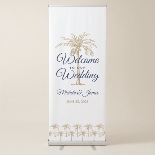 Navy Blue Gold Palm Trees White Wedding Welcome Retractable Banner